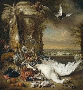 Jan Weenix A monkey and a dog beside dead game and fruit, with the estate of Rijxdorp near Wassenaar in the background USA oil painting artist